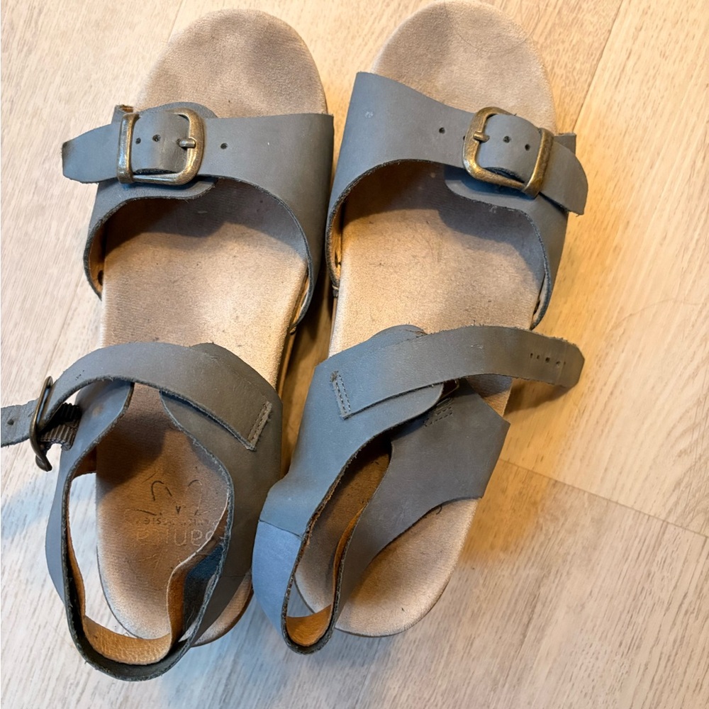 Sanita Gray Leather Buckle Strap Sandals